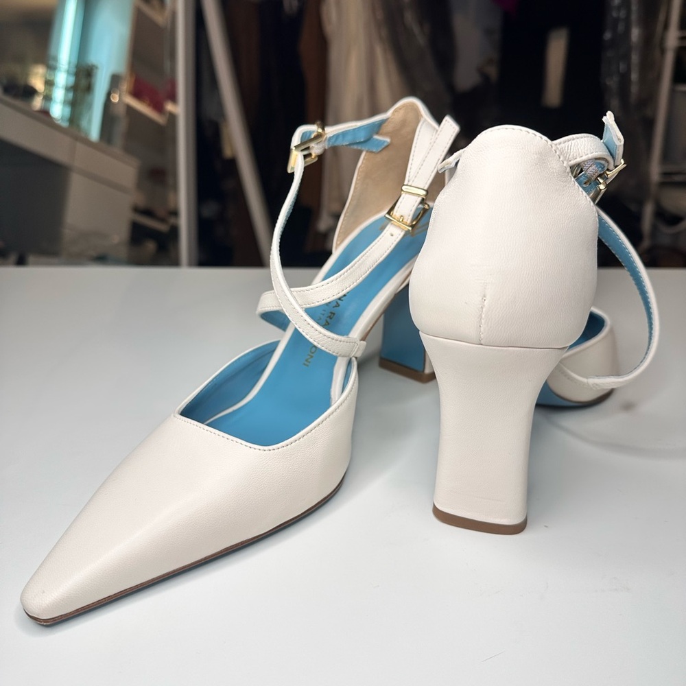 Valentina Rangoni White Pointed T-Strap Heels with Blue Insole and Gold Buckles